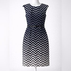Elegant Belted Chevron Blue and White Midi Dress